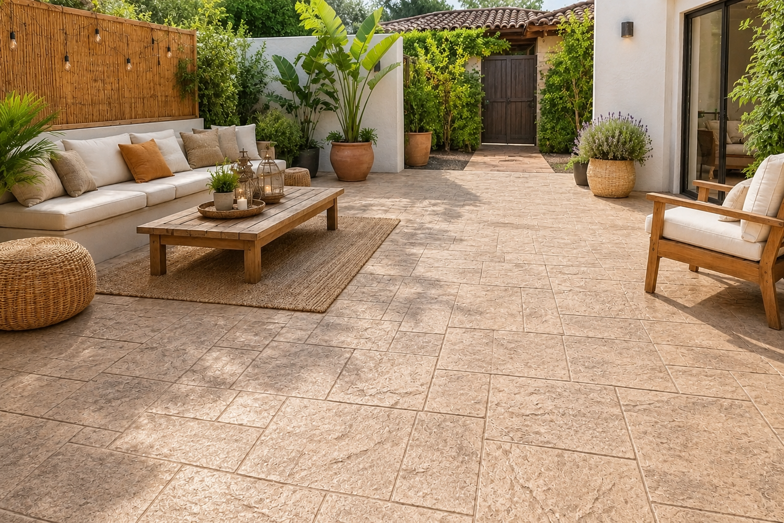 Terraza exterior con suelo de hormigón impreso